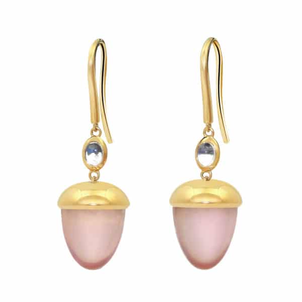 Boucles d’oreilles « Gland » en or jaune 18K avec quartz rose et pierres de lune création Orligne Genève PE230916 ORL-1