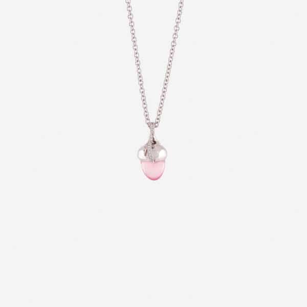 Collier Pendentif « Gland » en or blanc 18K avec quartz rose taille obus et diamants blancs SI création Orligne Genève PE230916 ORL