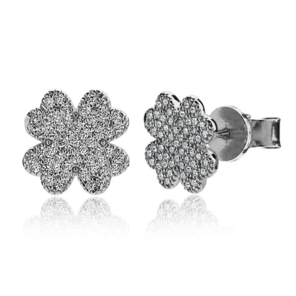 Boucles d’oreilles Marylin en argent 925/1000, serties de cubics zirconiums. Trèfle. Environ 11 mm. Orligne Genève E1219WW