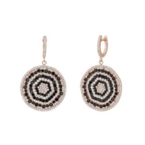 Boucles d’oreilles Marylin, en argent rosé 925/1000, serties de cubics zirconiums, noirs et blancs. Pour oreilles percées. Disque d’environ 28 mm. Orligne Genève E1422RBW