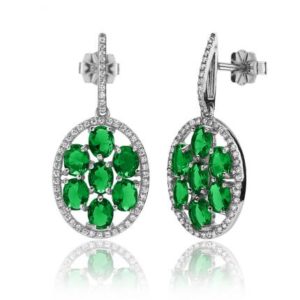 Boucles d’oreilles Marylin en argent 925/1000 rhodié, serties de cubics zirconiums verts. Orligne Genève E1270WEW