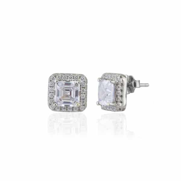 Boucles d’oreilles Marylin en argent 925/1000 rhodié, serties d’un cubic zirconium t. émeraude carrée. Orligne Genève E1409WW