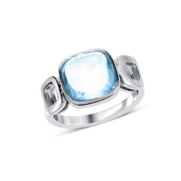 Bague en or blanc 18K avec topaze bleue cabochon coussin. Orligne Genève Swiss Made BA311014 ORL-1