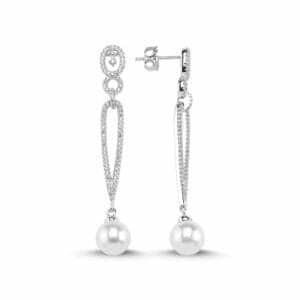 Boucles pendants d’oreilles en argent 925/1000 rhodié, serties de cubics zirconiums et perles de synthèse. Orligne Genève E1588WW KHA